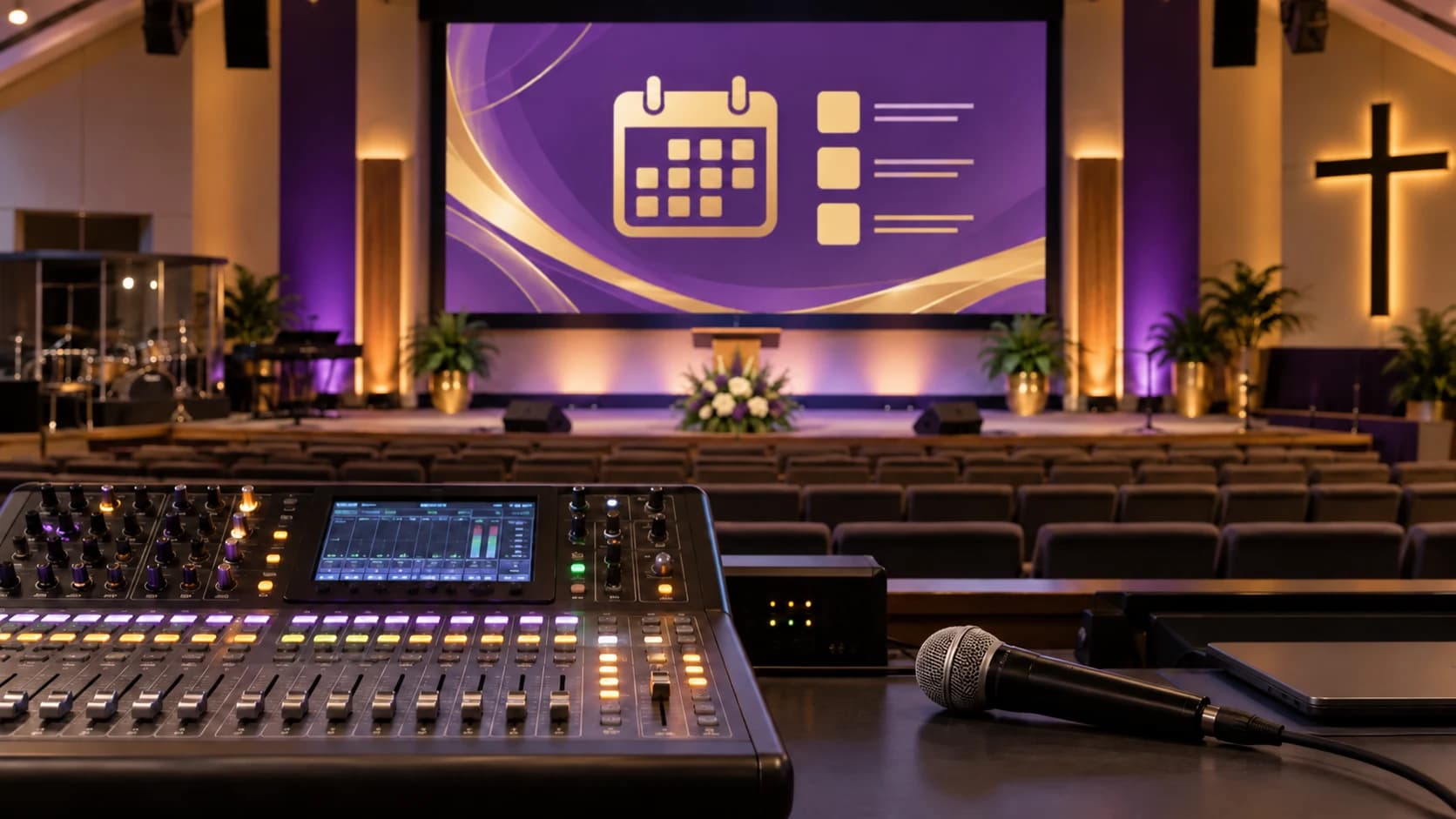 A church sanctuary and media booth where church news is shared.