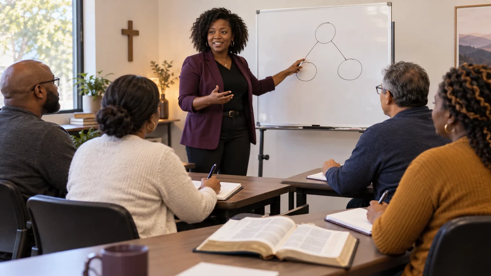 A facilitator teaching at a whiteboard while church volunteers take notes.
