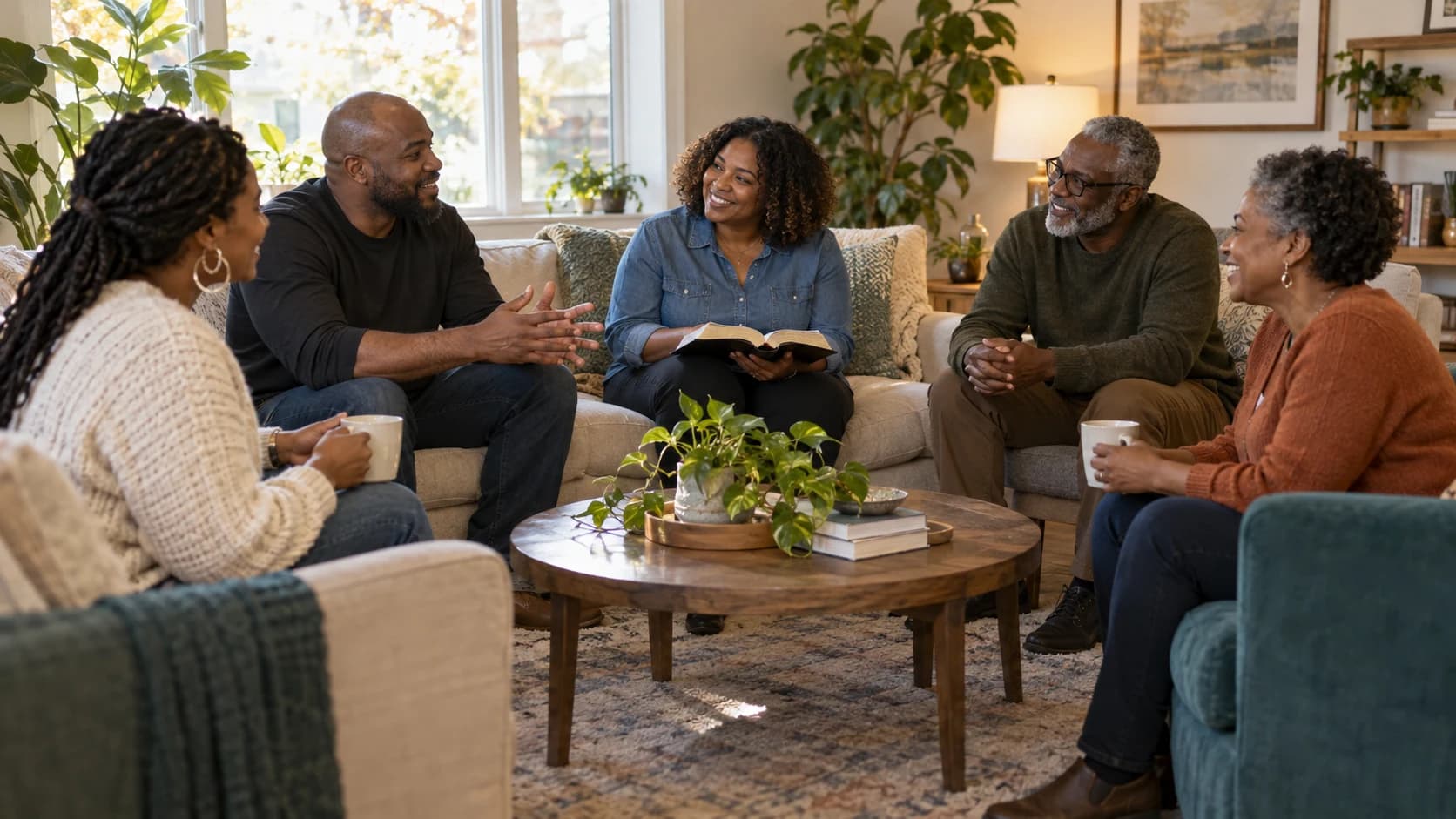 A church family gathering in fellowship.